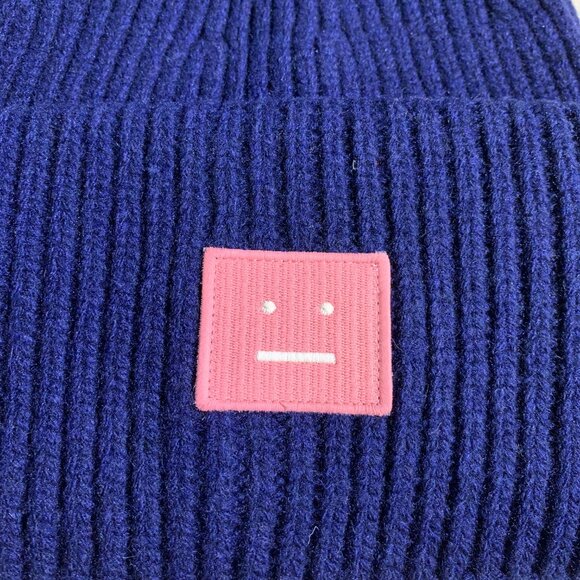 Acne Studios Wool Beanie with Face Patch (Navy/Pink) - Picture 3 of 5